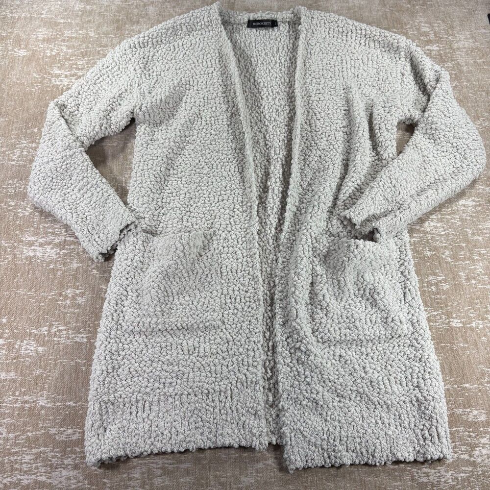 MEROKEETY Light Gray Popcorn Knit Long Cardigan Sweater Size M